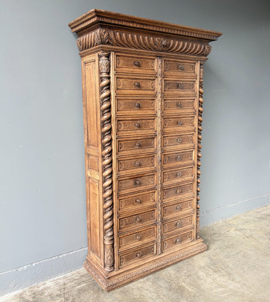 77" Tall Antique French Apothecary Cabinet Solid Oak Carved with Compartments