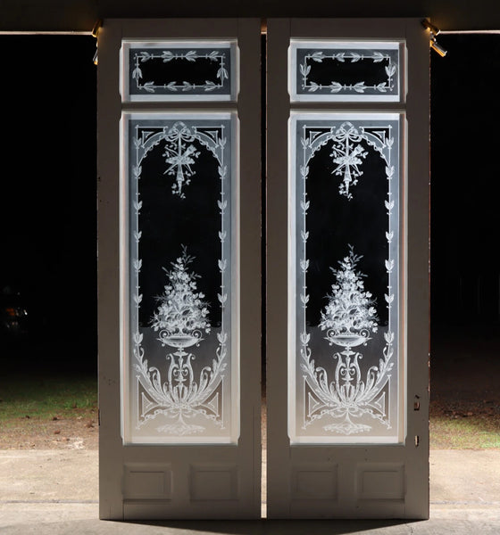 87" Tall Pair of Antique French Etched Glass Windows Frosted Glass with Flowers