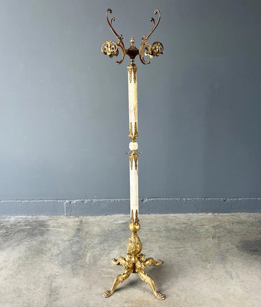 67" Tall Ornate Vintage Brass & Onyx Marble Coat/Hat Rack Hall Tree/Stand
