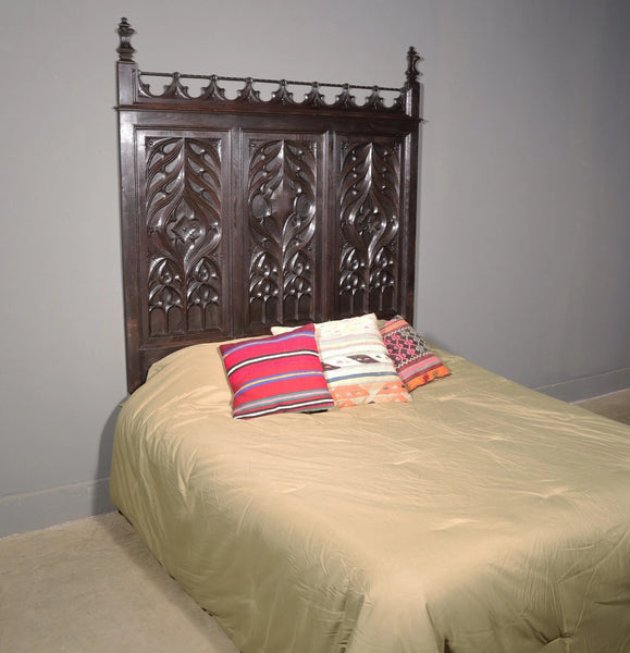 Antique French Neo Gothic Queen Sized Headboard in Solid Chestnut Wood