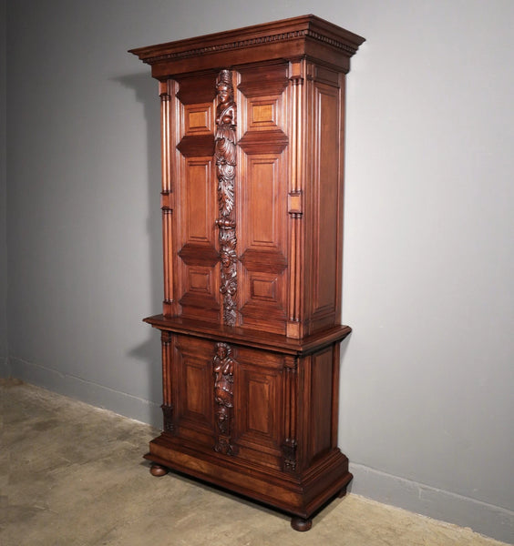 French Antique Solid Walnut Wood Neoclassical Gun Case/Cabinet with Carvings