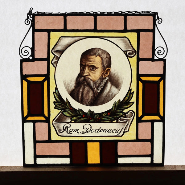13" Tall Antique French Stained/Leaded Glass Panel w/ Portrait Rembert Dodoens