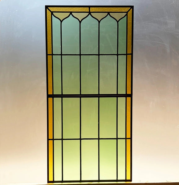 43" Tall Pair of Antique French Stained Glass Window Panels Green & Yellow Glass