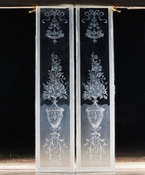 56" Tall Pair of Antique French Etched Glass Windows Frosted Glass with Flowers