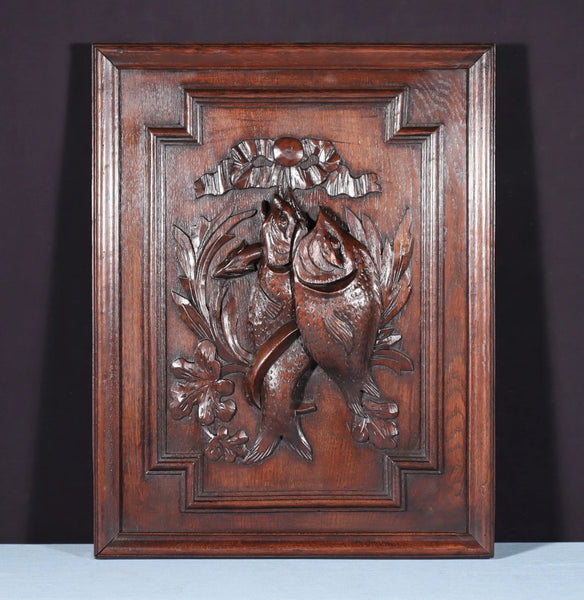 24" Tall French Antique Solid Oak Panel Highly Carved Hunting Theme with Fish