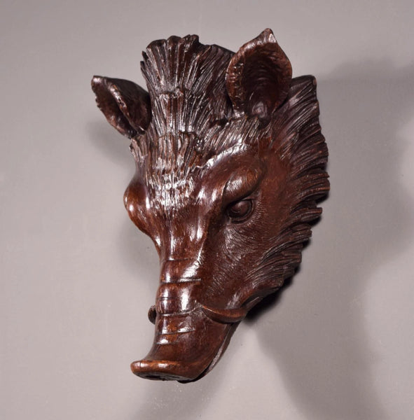 Large 10" Antique Decorative Carved French Hunting Boar's Head in Solid Walnut