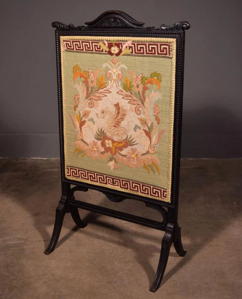 French Antique Fireplace Screen with Needlepoint Griffin/Carved Walnut Frame