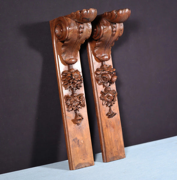 16" Pair of French Antique Solid Walnut Wood Highly Carved Posts with Flowers