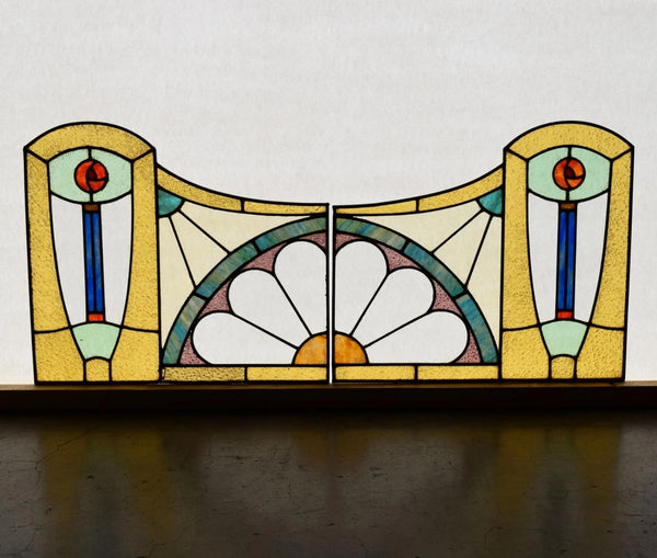 Pair of Vintage French Art Deco Stained Glass Panels with Copper Frames