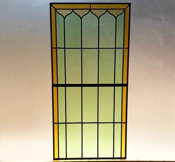 43" Tall Pair of Antique French Stained Glass Window Panels Green & Yellow Glass