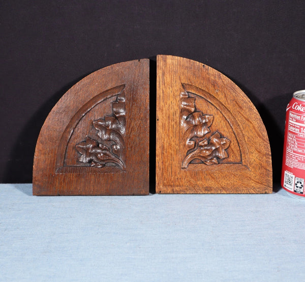 Pair of Gothic Carved French Architectural Panels/Trim in Solid Oak Wood Salvage