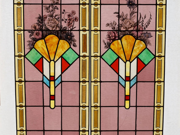 69" Pair of Vintage French Art Deco Stained Glass Windows w/Hand Painted Flowers