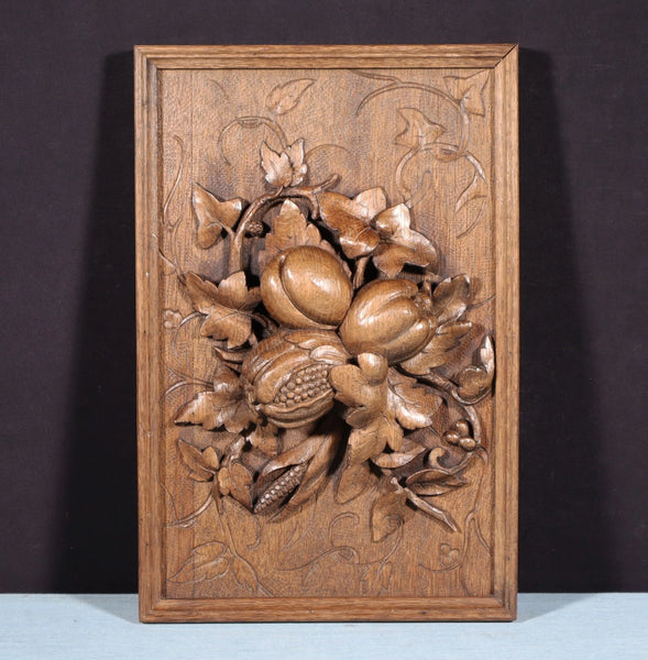 14" Tall French Antique Solid Oak Panel Highly Carved Harvest Theme