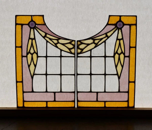 Pair of Vintage French Art Deco Stained Glass Panels with Copper Frames