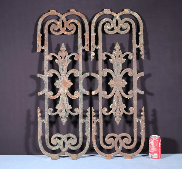 32" Tall Pair of Large French Antique Cast Iron Window Grilles Panels