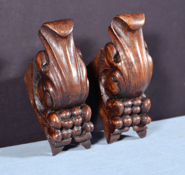 Pair of 5" Tall French Antique Highly Carved Trim/Corbels Solid Oak Wood