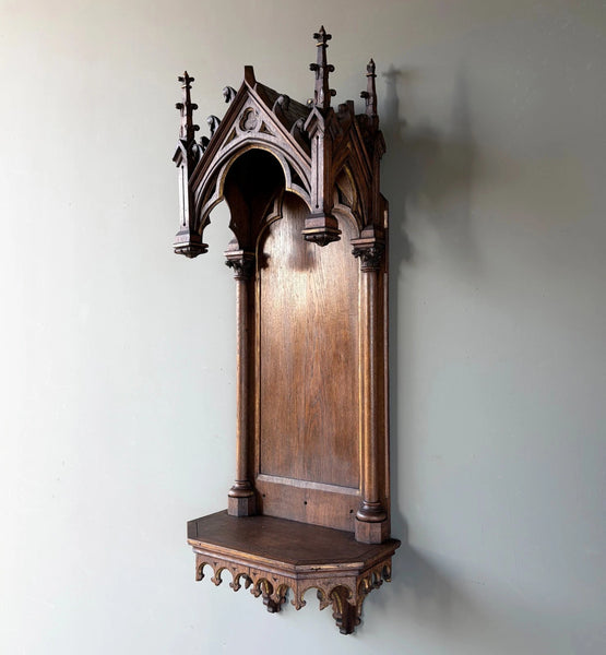 57" Tall French Antique Neo Gothic Solid Oak Highly Carved Wall Niche/Shrine