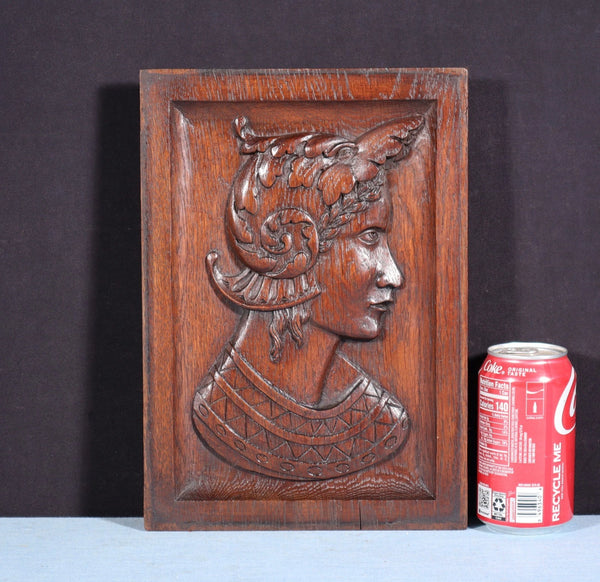12" Tall Antique French Solid Oak Wood Hand Carved Portrait Profile of a Woman