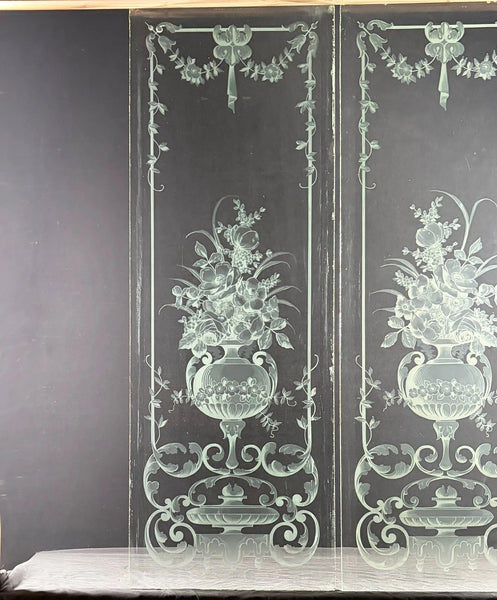 47" Tall Pair of Antique French Etched Beveled Glass Windows Frosted Glass