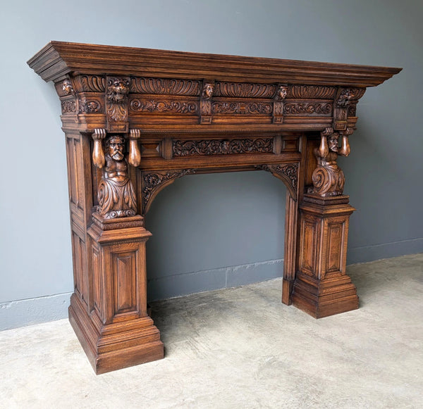 XL Vintage Renaissance Revival Oak Fireplace Surround/Mantel w/Carved Figures