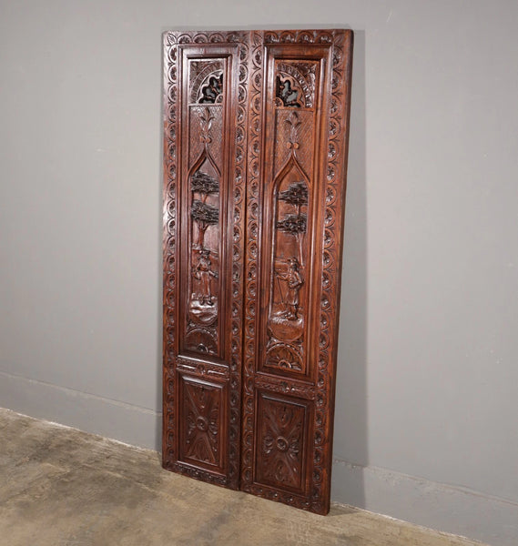63" Tall Pair of French Antique Doors Carved Breton Panels Solid Chestnut Wood