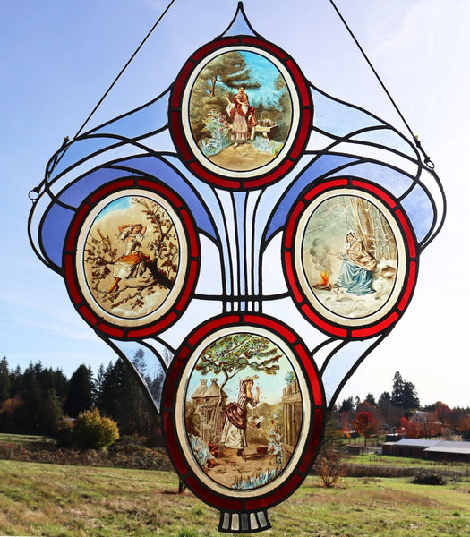 38" Tall Large Antique French Art Nouveau Stained/Leaded Glass Panel 4 Seasons