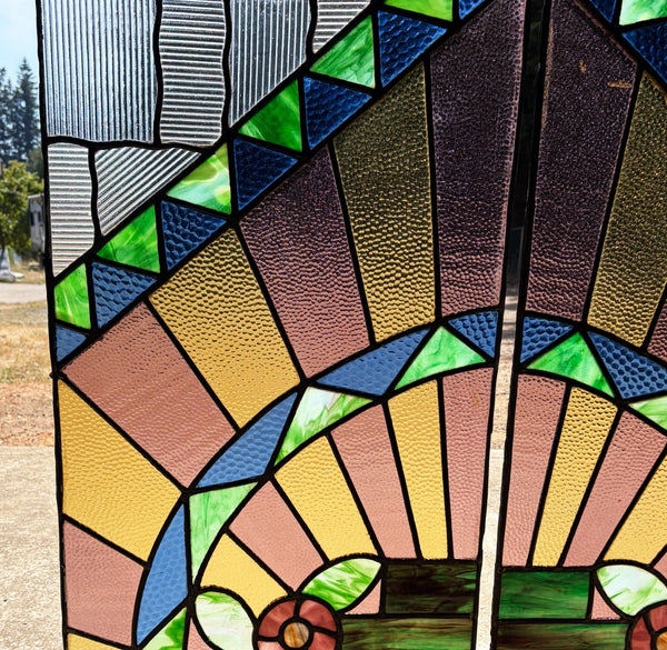 43" Tall Pair of Antique French Art Deco Stained Glass Window Panels