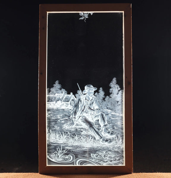 37" Tall Antique French Etched Glass Window with Rural Scene Man by the Water
