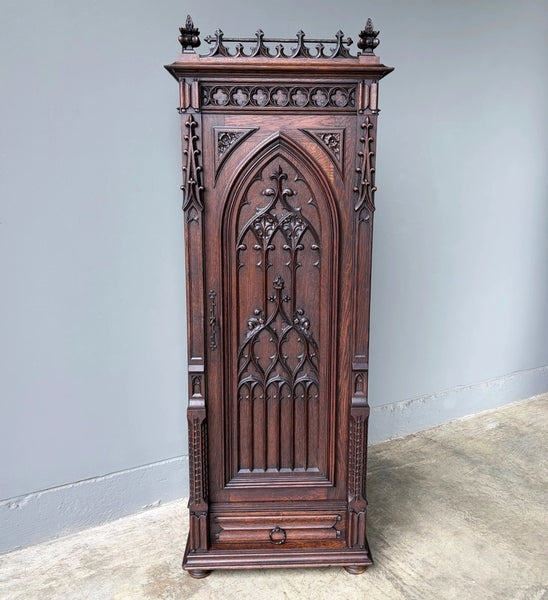 67" Tall French Antique Gothic Cabinet in Solid Oak Highly Carved Wood
