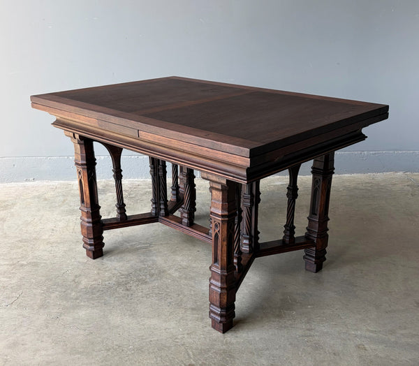 Vintage French Gothic Dining Table in Solid Oak Wood with Highly Detailed Base