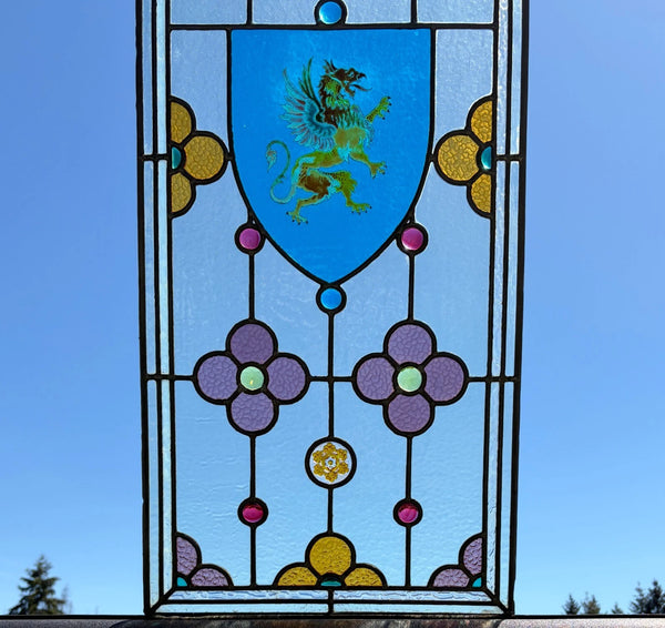 38" Tall Antique French Stained/Leaded Glass Panel w/Griffin and Uranium Glass
