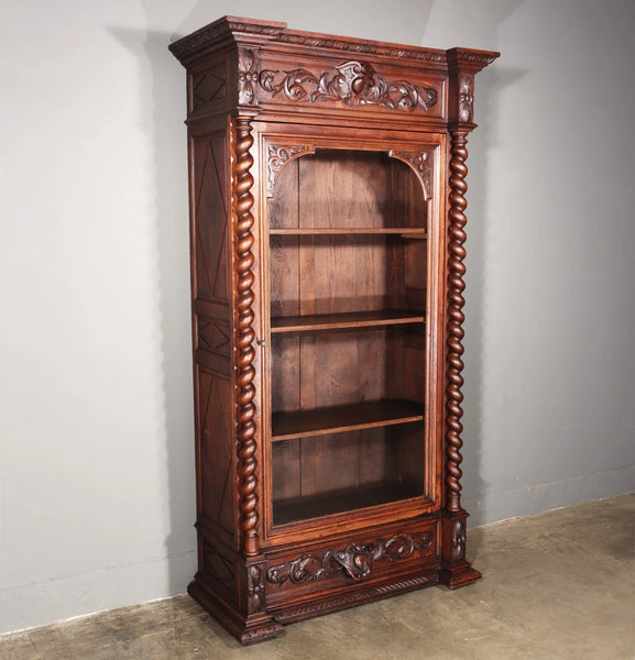88" Tall French Antique Solid Oak Wood Bookcase/Display Case/Cabinet Carved