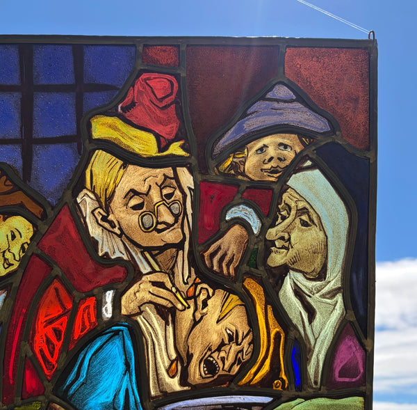15" Tall Vintage Belgian Stained/Leaded Glass Panel Of a Doctor Operating