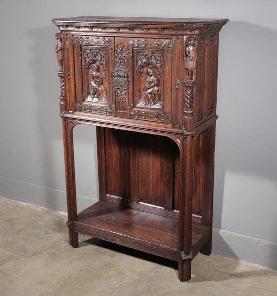 Antique French Gothic Revival Cabinet Highly Carved in Oak Wood w/Figures