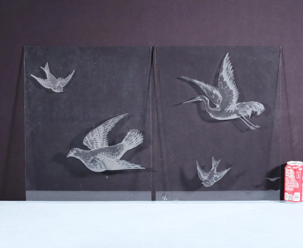 18" Tall Pair of Antique French Etched Glass Windows Frosted Glass with Birds