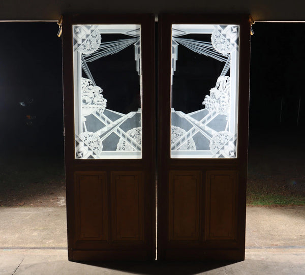 Pair of Antique French Art Deco Etched Glass Doors Frosted Glass w/Pine Frames