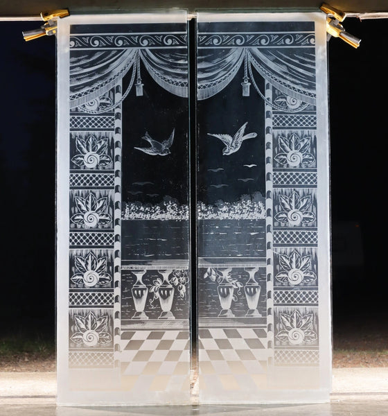48" Tall Pair of Antique French Etched Glass Windows Frosted Glass with Birds