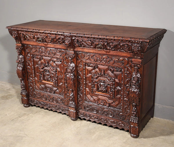 1700's Antique French Renaissance Sideboard in Solid Wood Oak Highly Carved