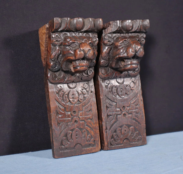 Pair of 8" French Antique Highly Carved Lion Corbels/Trim/Brackets Solid Oak