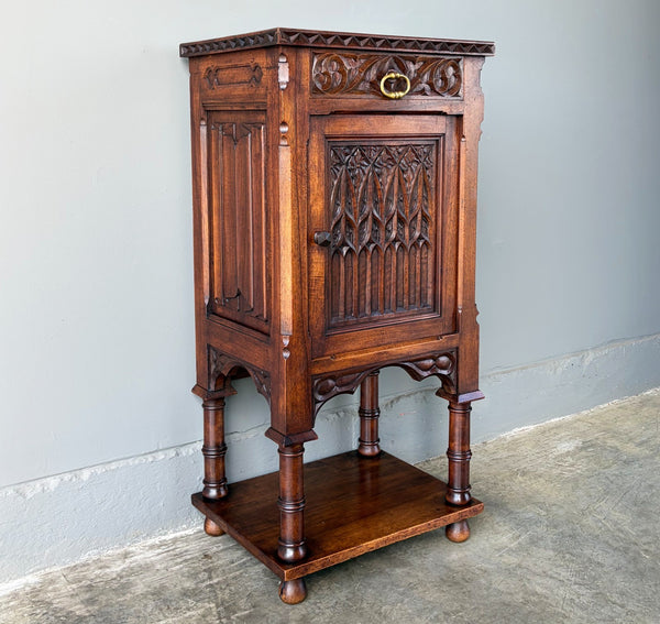 Antique French Gothic Solid Walnut Night Stand/Cabinet With Detailed Carvings