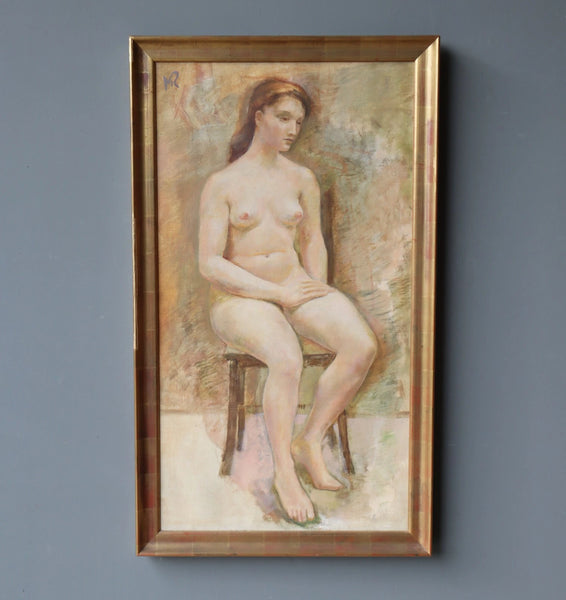 Large Framed Vintage Oil on Canvas Painting of a Nude Woman