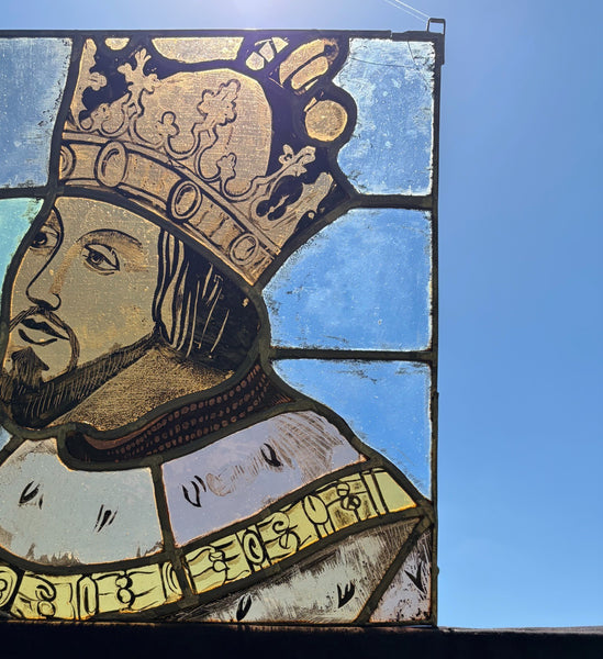 15" Tall Vintage French Stained/Leaded Glass Panel Of Charles the Great