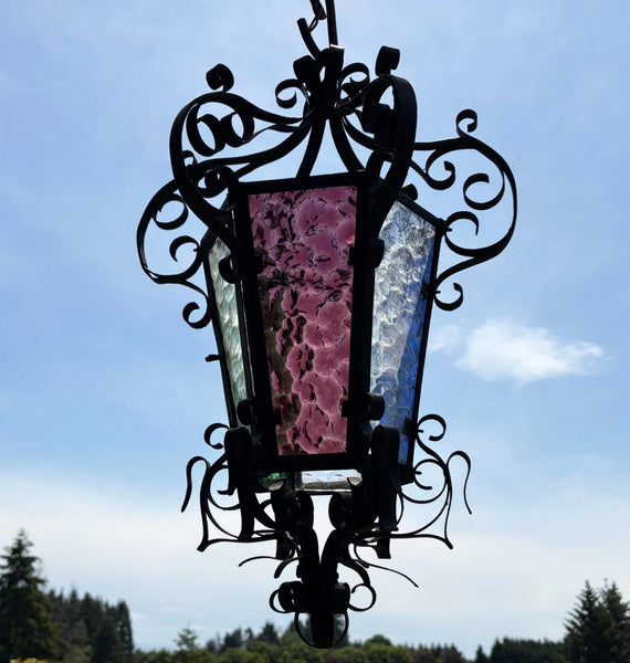 25" Tall French Antique Iron and Stained Glass Hanging Chandelier/Pendant Lamp