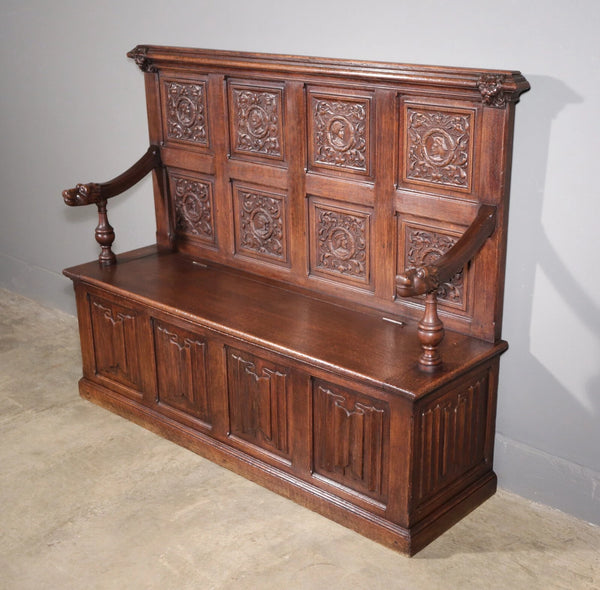 Antique French Renaissance Oak Wood Bench/Settee/Storage Bench with Lions