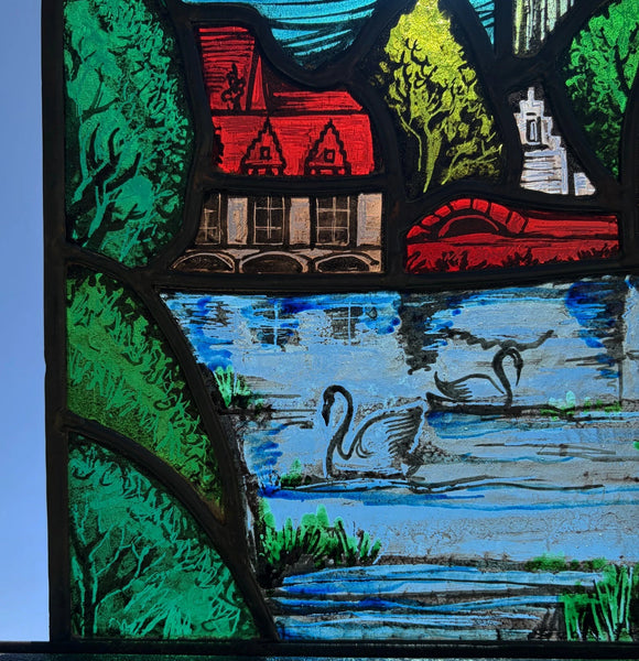 14" Tall Vintage Belgian/Flanders Stained/Leaded Glass Panel of Bruges Belgium