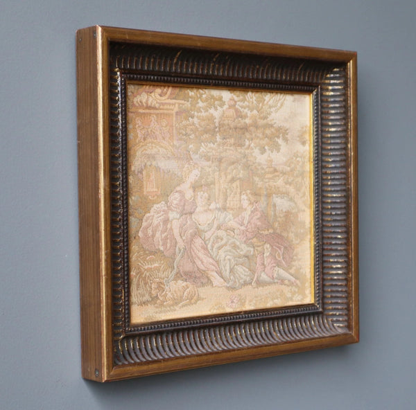12" Antique French Framed Tapestry of a Courting Scene in Rococo Style