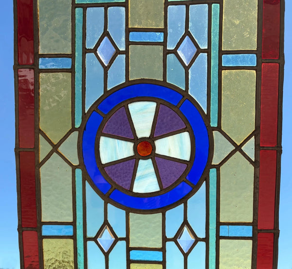 27" Tall French Antique Religious Stained/Leaded Glass Panel from a Church