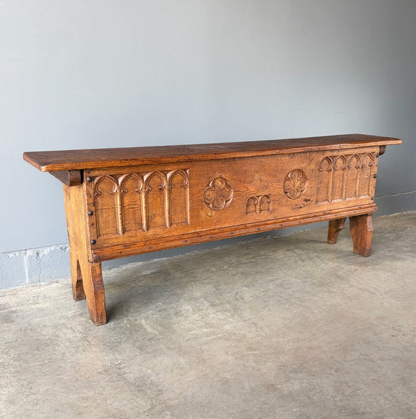Antique French Gothic Revival Solid Oak Wood Storage Bench/Settee/Chair Rustic