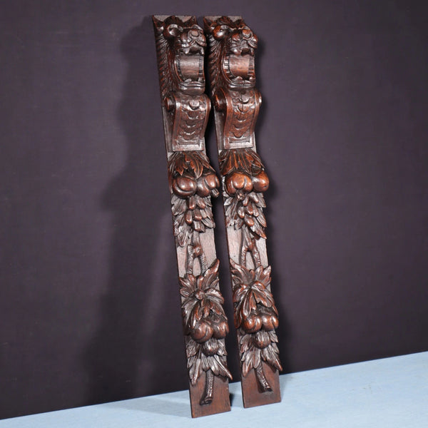 26" Pair of French Antique Solid Oak Wood Highly Carved Wood Lion Trim Posts
