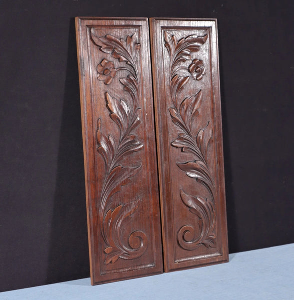 Pair of Antique French Solid Chestnut Wood Highly Carved Panels with Flowers